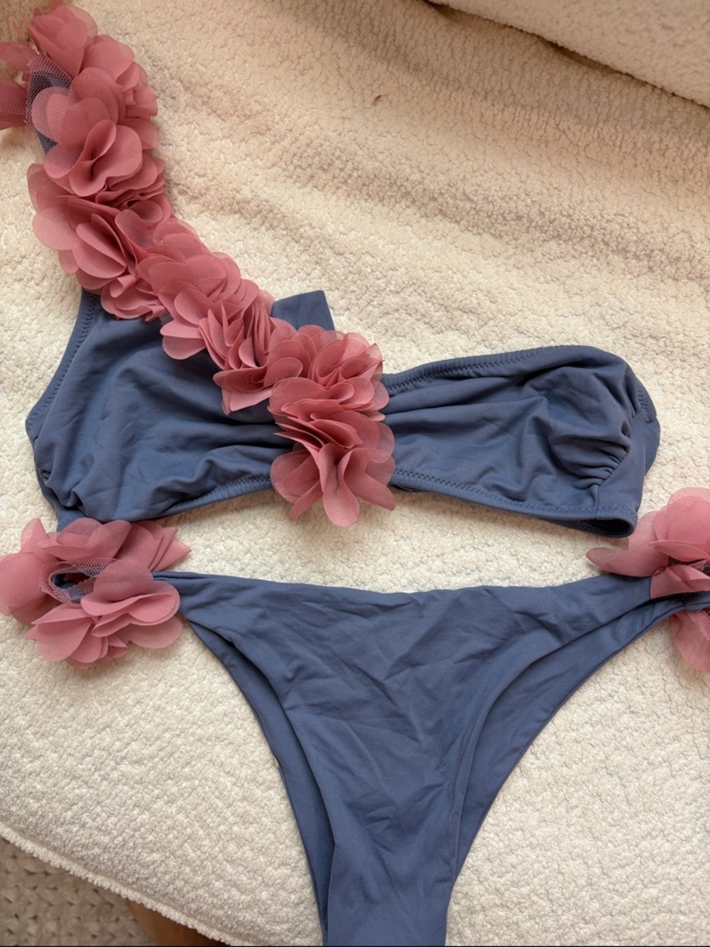 Women's Blue One-Shoulder Bikini with Pink Floral Accents
